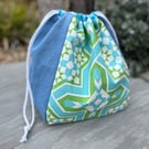 Dumpling drawstring bag -  vintage Sanderson Mandala and gingham 