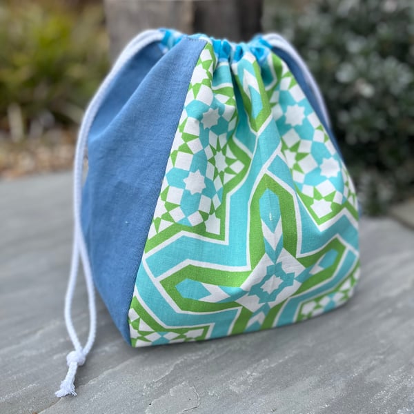 Dumpling drawstring bag -  vintage Sanderson Mandala and gingham 