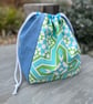 Dumpling drawstring bag -  vintage Sanderson Mandala and gingham 