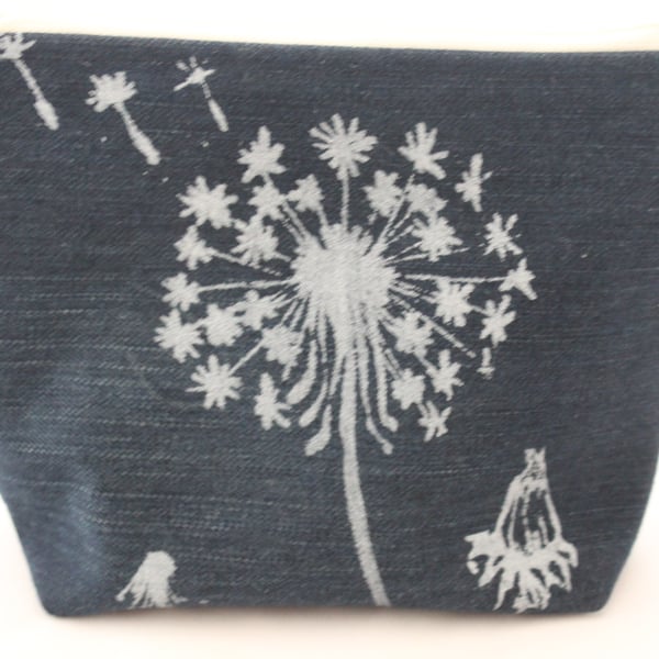 zip up blue make up bag, hand printed dandeilion print,Eco bag,pouch,pencil case