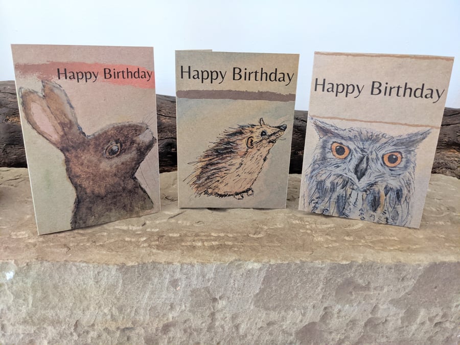 A pack of 3 birthday cards, rabbit, hedgehog and owl, woodland range, natural 