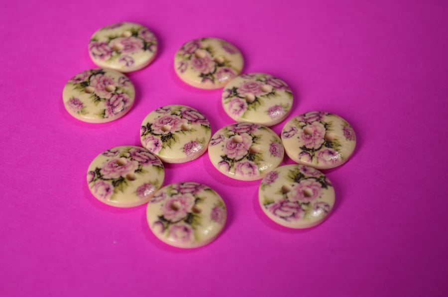 15mm Wooden Pink & Green Rose Floral Buttons Natural Wood 10pk Flowers (SNF10)