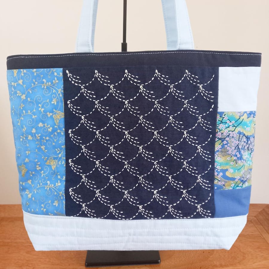 Blue Sashiko Patchwork Tote Bag