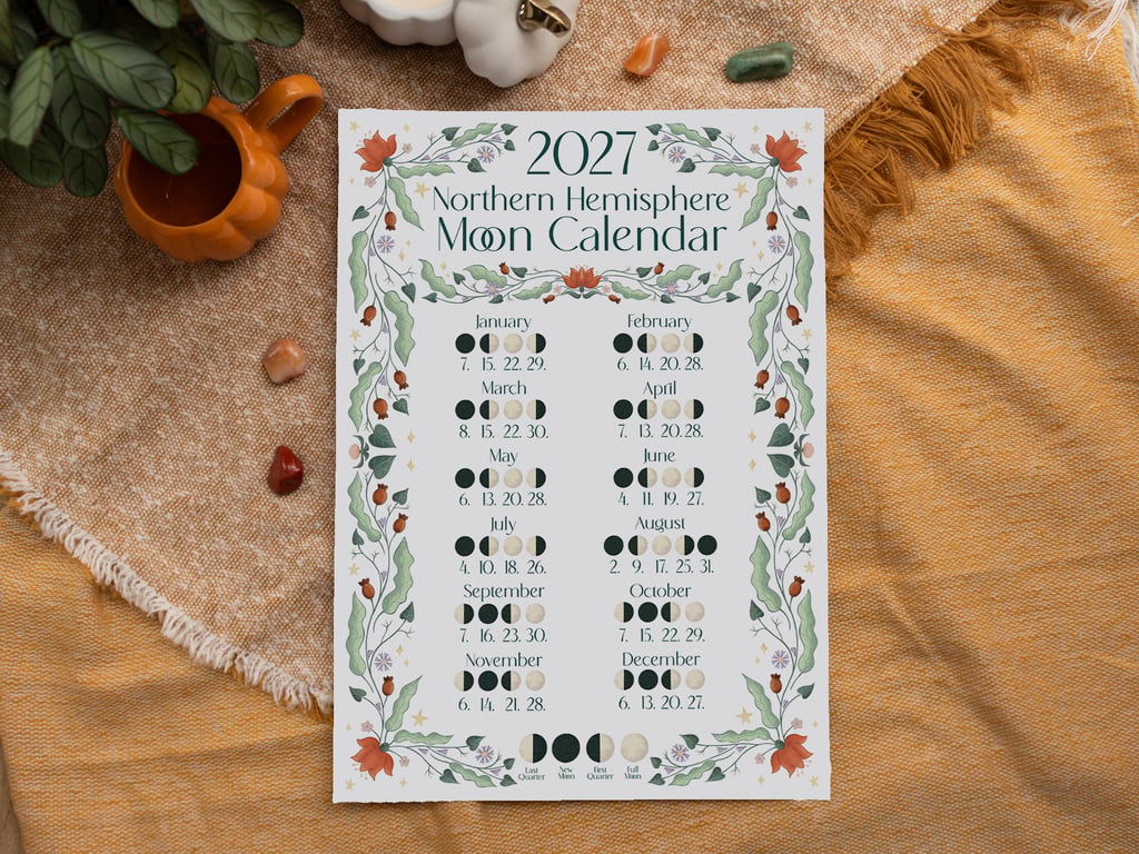 2027 Moon Calendar - Illustrated Lunar A3 Wall Art - Northern Hemisphere
