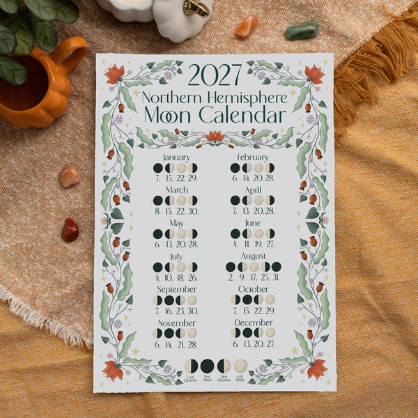2027 Moon Calendar - Illustrated Lunar A3 Wall Art - Northern Hemisphere