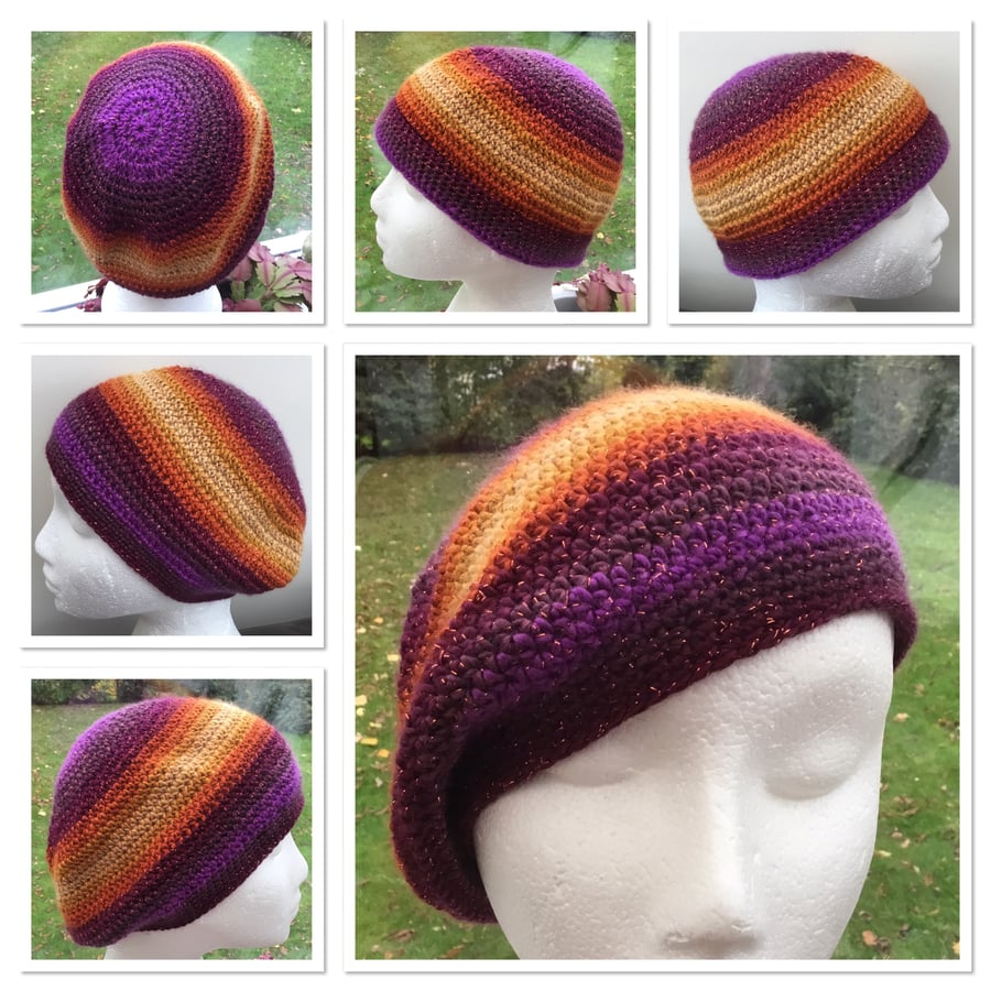Autumn Sparkle Rainbow Soft Beret, Beanie or Slouchy Crocheted Hat
