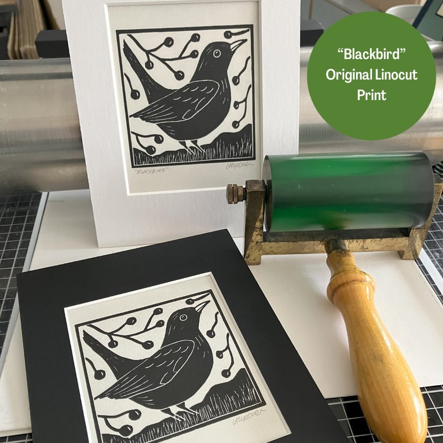 Linocut  - "Blackbird" - Bird Print - Nature Print