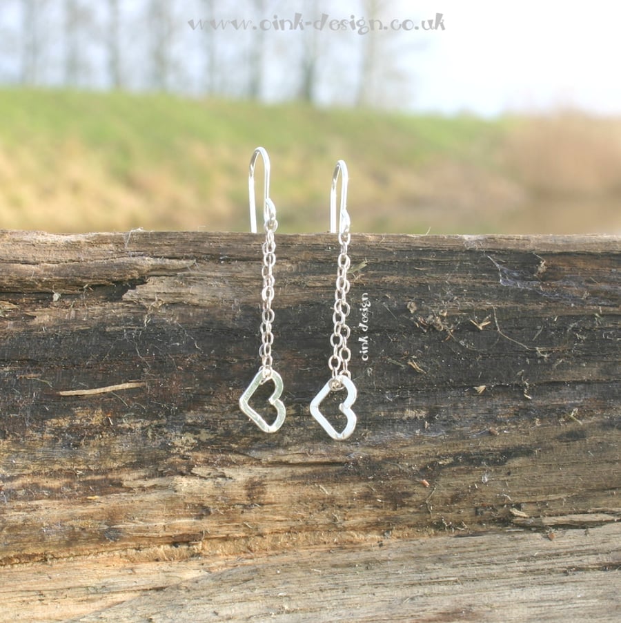Sterling silver heart and chain drop earrings