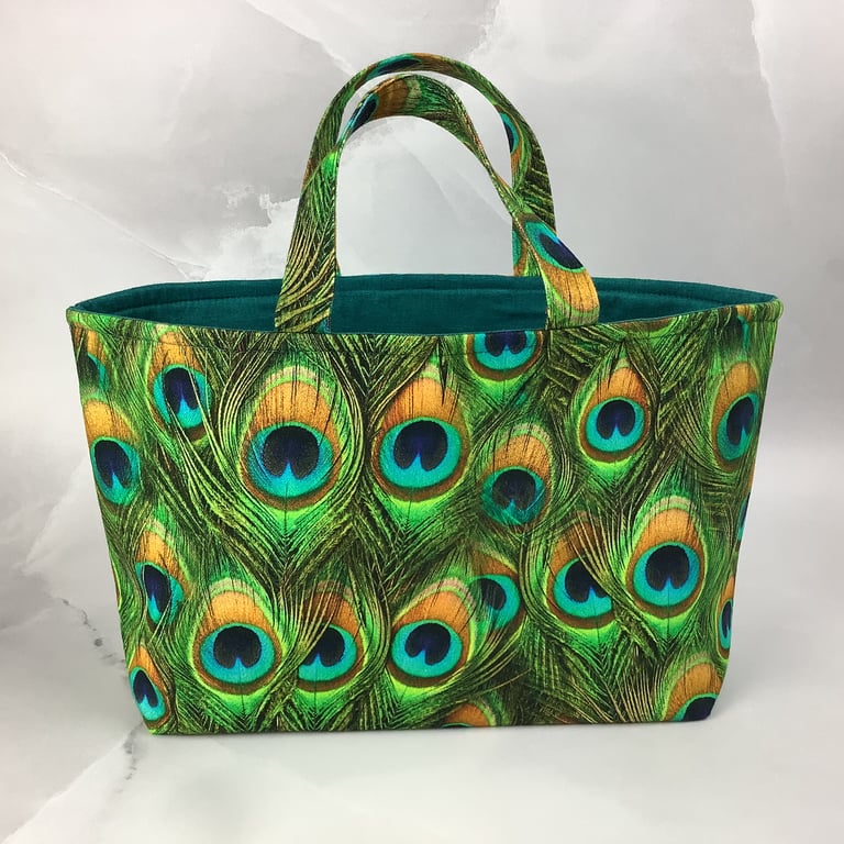 Peacock feathers tote bag, Peacock shopper, handmade in Sussex