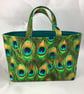 Peacock feathers tote bag, Peacock shopper, handmade in Sussex