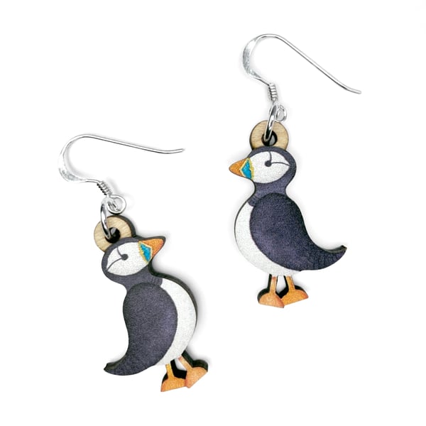 Puffin Earrings. Handmade Dangly Wooden and Sterling Silver Seaside Jewellery.