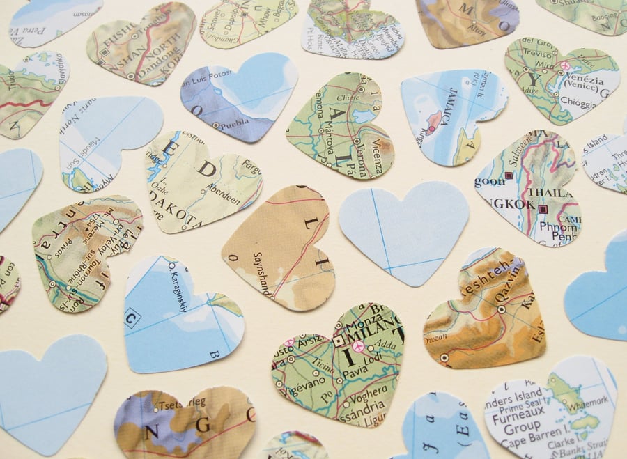 Image of 200 World Map Atlas Confetti Paper Hearts, Wedding Birthday Travel Decor