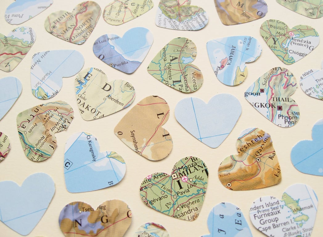 500 1 Inch World Map Atlas Confetti Paper Hearts, Wedding Birthday Travel Decor