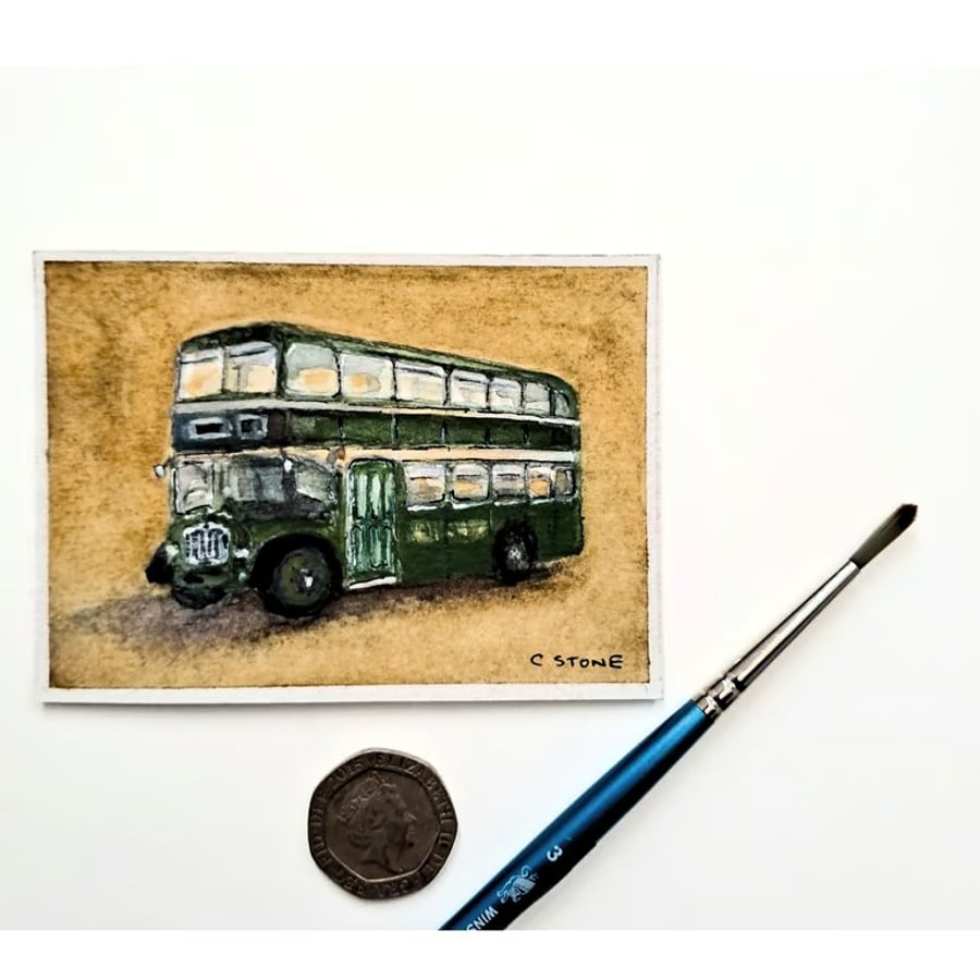 Original ACEO Bristol Classic Bus Watercolour and Goauche Miniature Painting