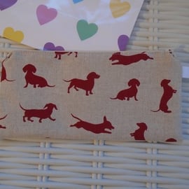 Hessian Sausage Dogs Pencil Case or Small Make Up Bag.