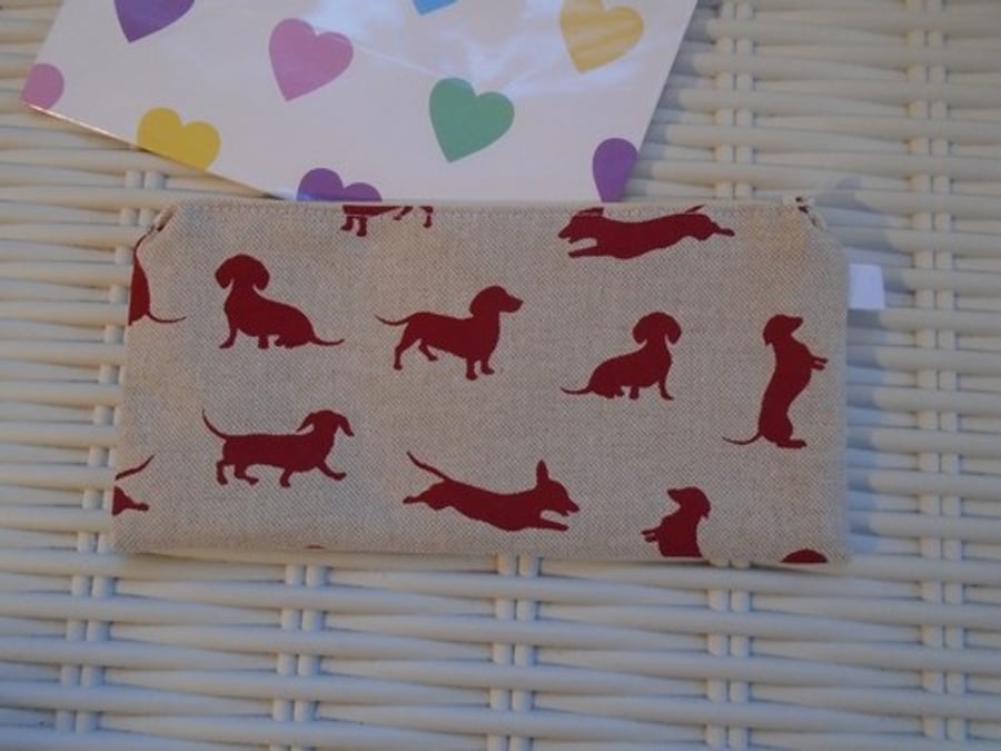 Hessian Sausage Dogs Pencil Case or Small Make Up Bag.