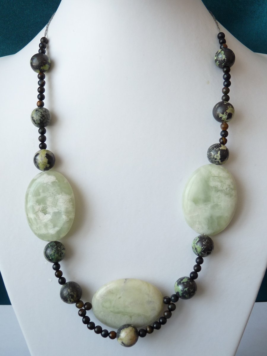 Mint Jade, Tigers Eye & Green Jasper Necklace - Sterling Silver - Handmade 