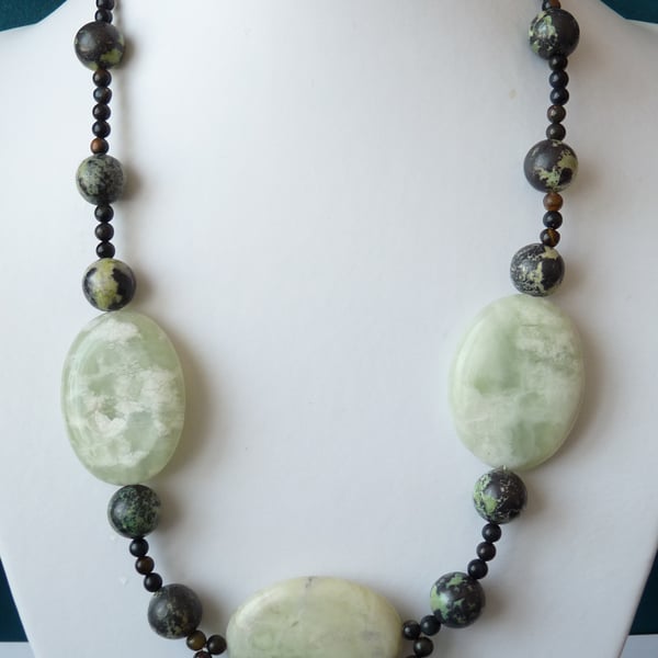 Mint Jade, Tigers Eye & Green Jasper Necklace - Sterling Silver - Handmade 