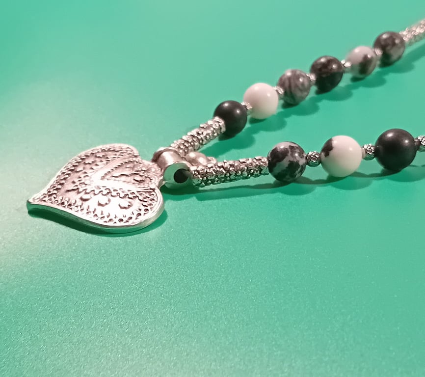 Handmade necklace Jasper beads Silver Heart pendant