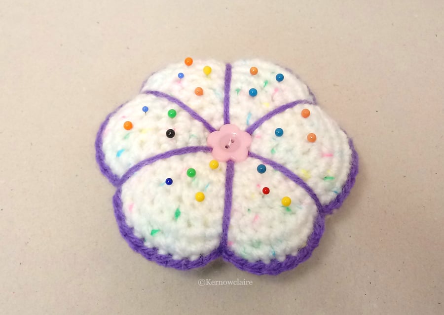 Pin cushion in white with purple edging, large flower pin cushion, handmade