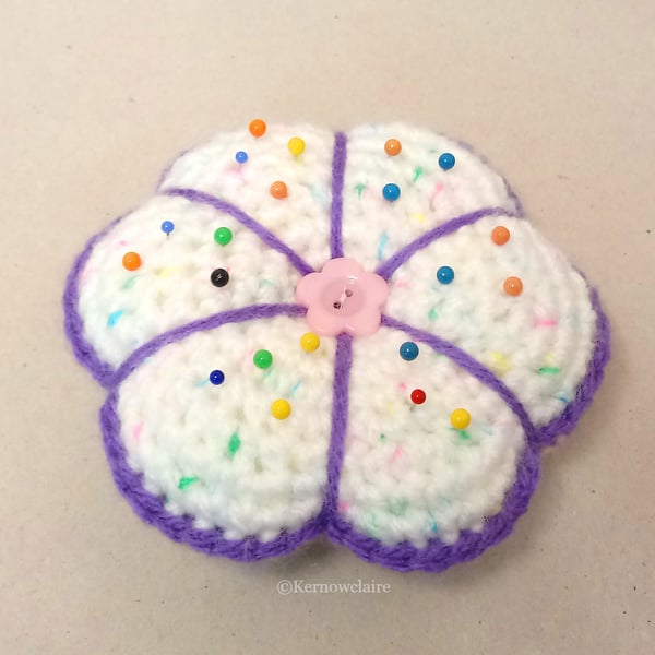Pin cushion in white with purple edging, large flower pin cushion, handmade