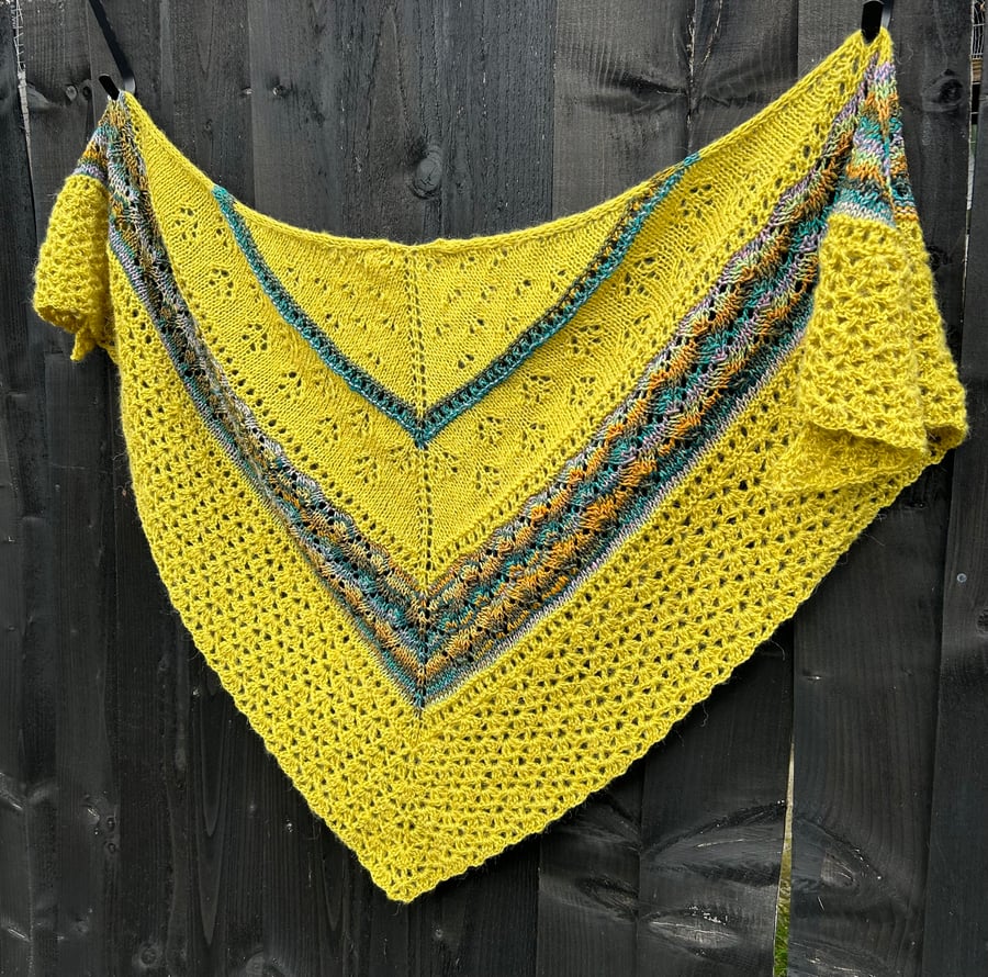 Long grass Grace mohair hand knitted textured lace shawl with crochet edge