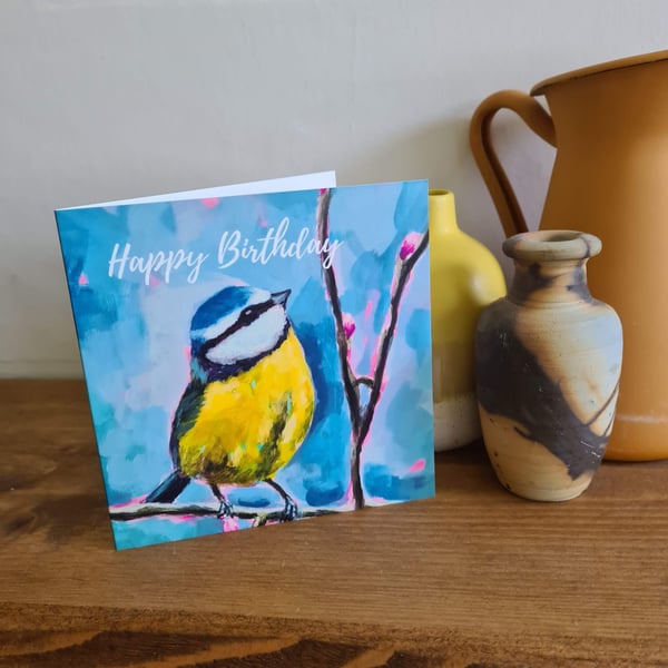 Playful blue tit painting printed birthday card