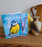 Playful blue tit painting printed birthday card