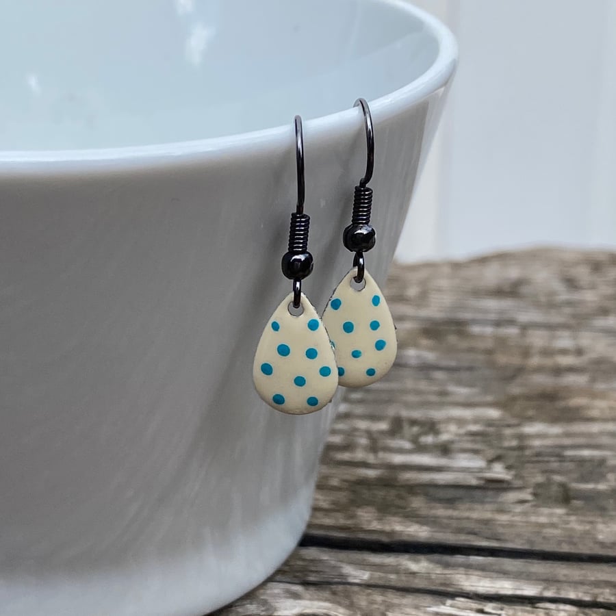 Cream & Turquoise Spot Enamel Teardrop Earrings. Sterling silver available