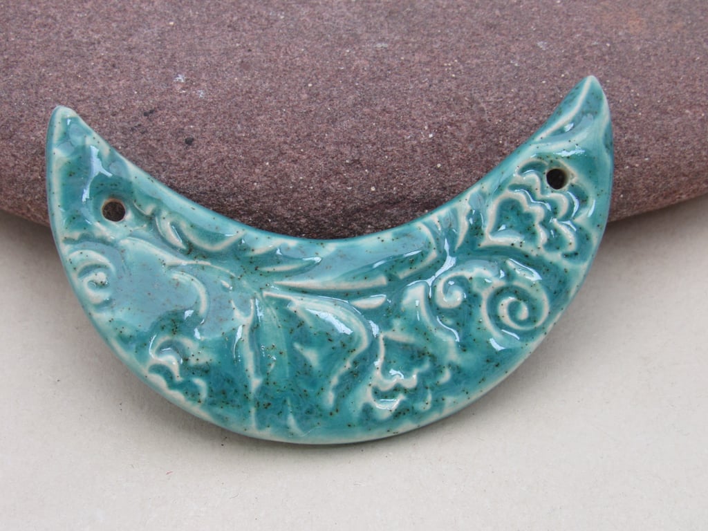 Jade Green Brocade Ceramic Crescent Bib Pendant