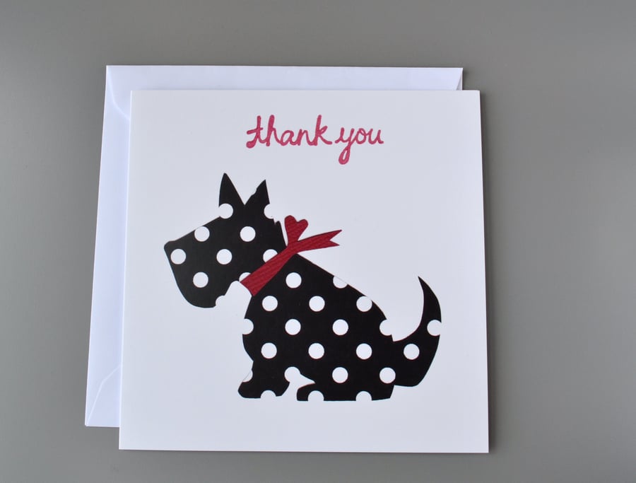 Spotty Black and White Dog with Red Neck Ribbon Thank you Card