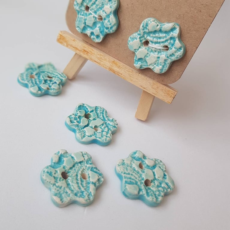 Turquoise buttons ceramic, handmade and embossed with a vintage lace design and 