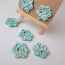 Turquoise buttons ceramic, handmade and embossed with a vintage lace design and 
