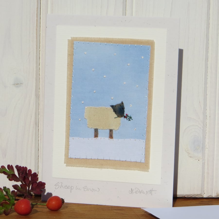 Sheep in Snow hand-stitched textile - perfect for Christmas. A card to keep!
