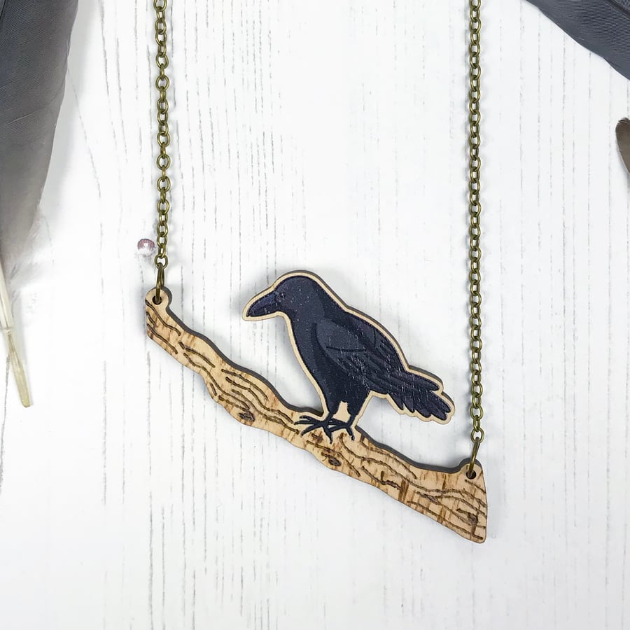 Crow on a Branch Wooden Statement Necklace