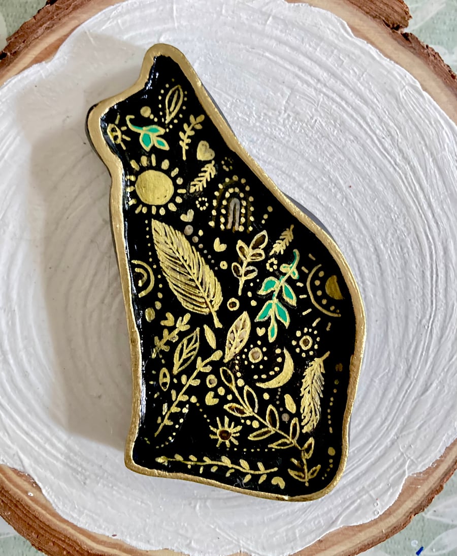 Boho Cat Trinket Dish Hand Crafted & Painted Clay Jewellery Tray
