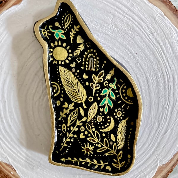 Boho Cat Trinket Dish Hand Crafted & Painted Clay Jewellery Tray