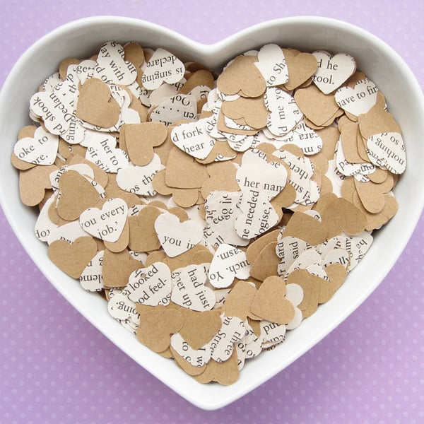 500 Great Gatsby Book Kraft Confetti Hearts - Wedding Engagement Party Decor