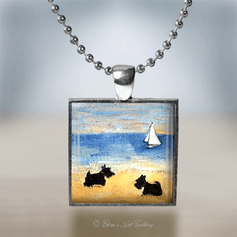Silver Plated Scottish Terrier Dogs on a Beach Art Pendant Necklace
