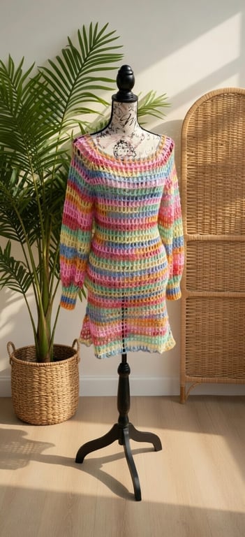 Rainbow Mesh Dress Long Sleeves size 8-12 - Crocheted 