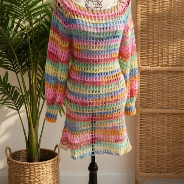 Rainbow Mesh Dress Long Sleeves size 8-12 - Crocheted 