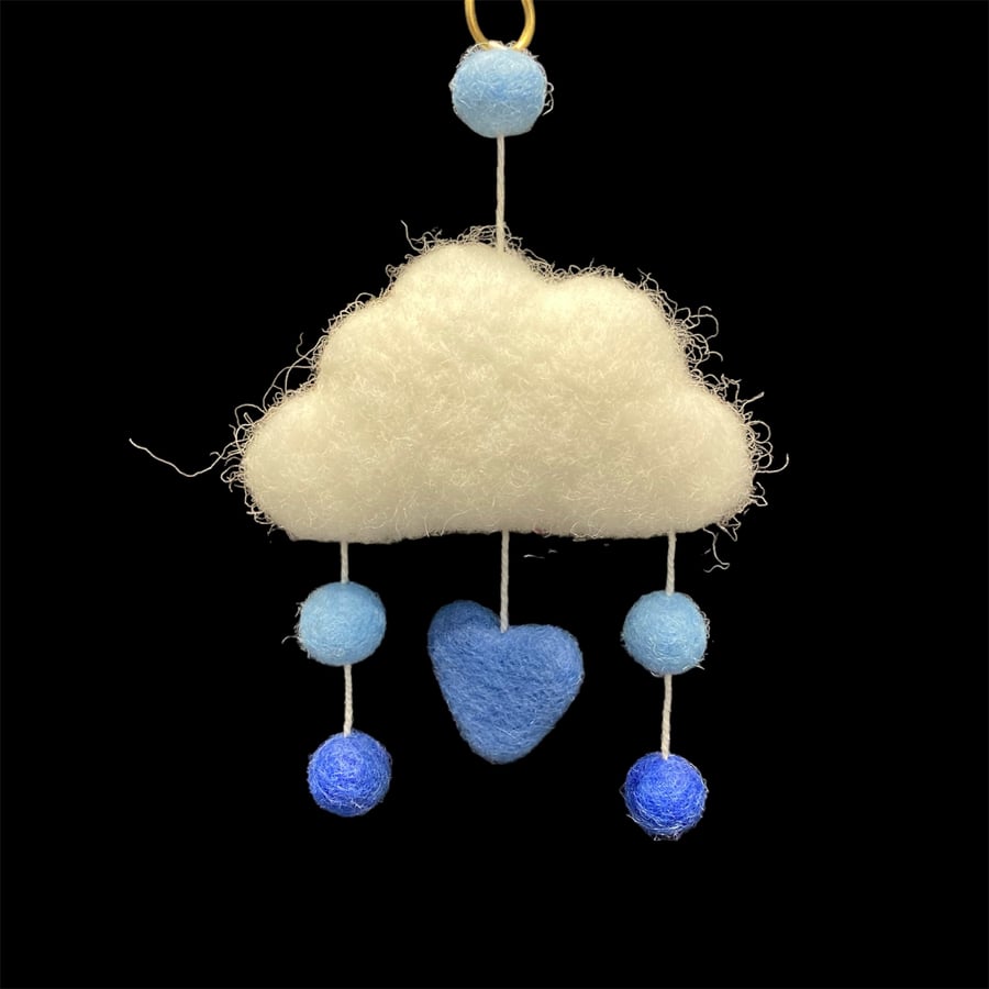 Felted cloud  with coloured felt balls and heart, nursery wall hanging (blue)