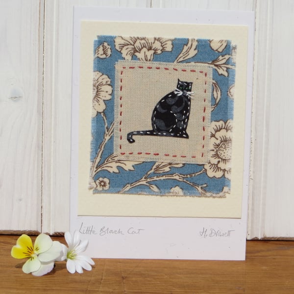 Little Black Cat hand-stitched miniature on card - good luck!