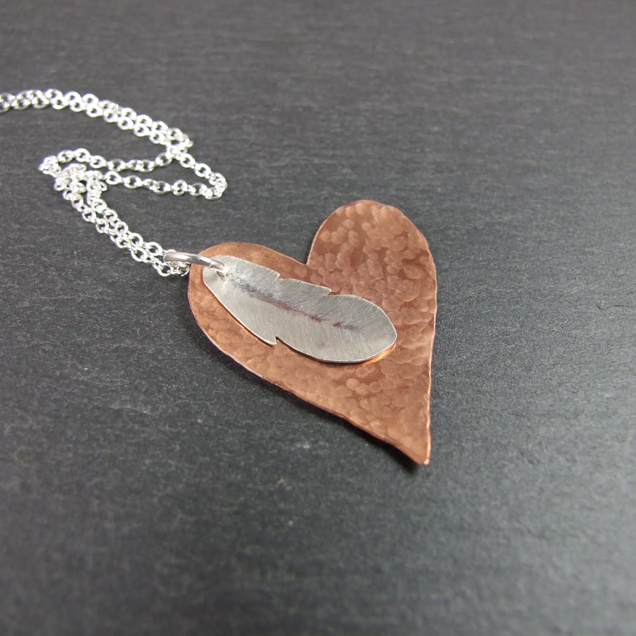 Heart and Feather Pendant Necklace, Copper and Sterling Silver, Remember me