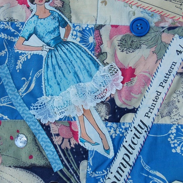 Sewing theme, textile art picture, hand embroidery, mixed media