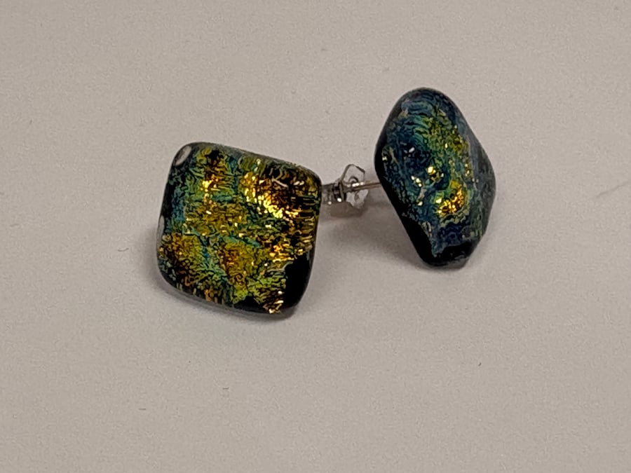 Gold & Multi Coloured Fused Glass Stud Earrings