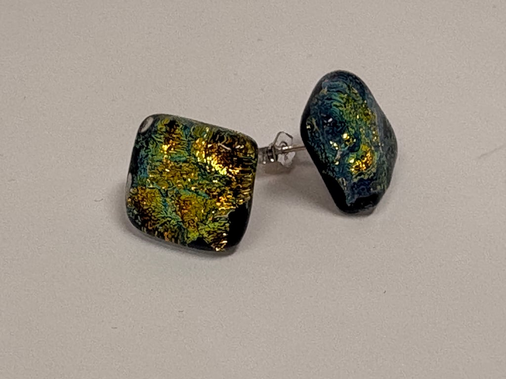 Gold & Multi Coloured Fused Glass Stud Earrings