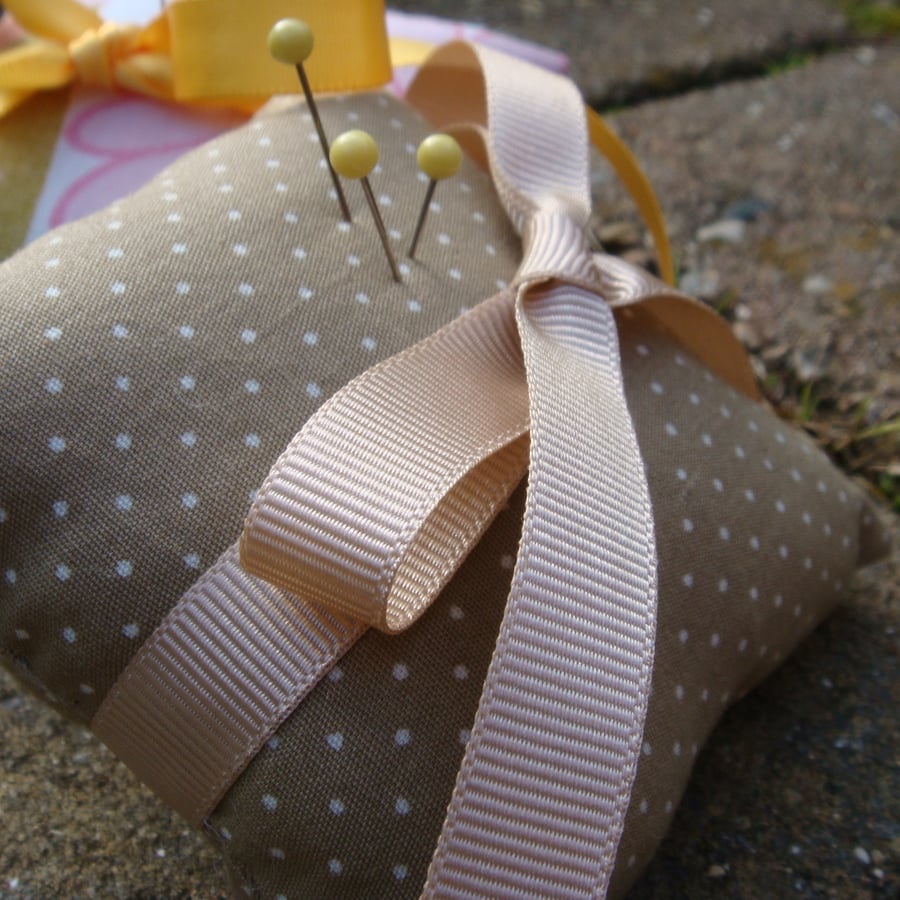 Hand sewn Pin Cushion polka dot fabric, ribbon detail