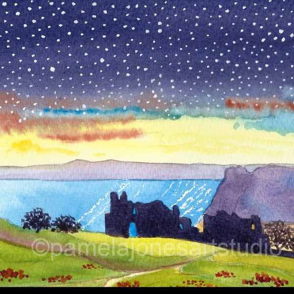 Starry Sky, Pennard Castle, Gower, Original Watercolour in 14 x 11'' Mount