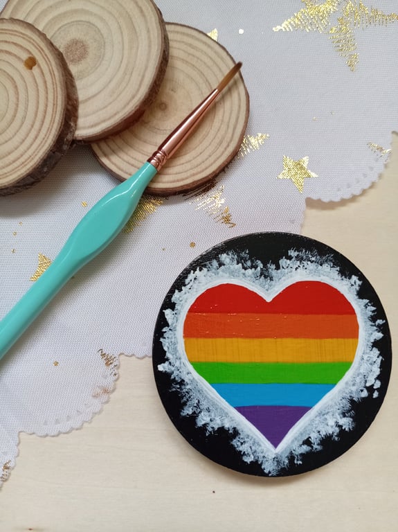 Rainbow heart wooden pocket mirror